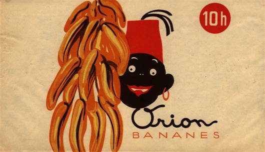 Reklamní plakát na Banány v čokoládě. V meziválečném sortimentu nechyběla ani řada dodnes oblíbených výrobků jako Kaštany, Rumové pralinky, Kočičí jazýčky, …
