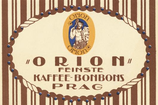 Unikátní pokus o řešení loga se dochoval na obalu „Orion nejjemnějších kávových bonbónů“